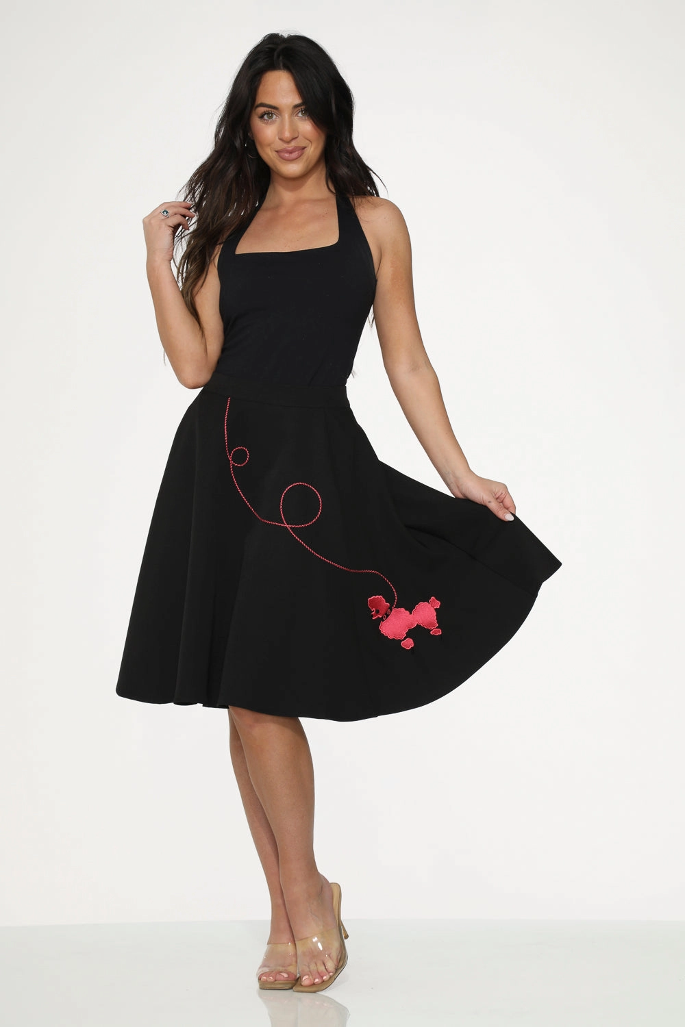Black Hot Pink Embroidered Poodle Swing Skirt