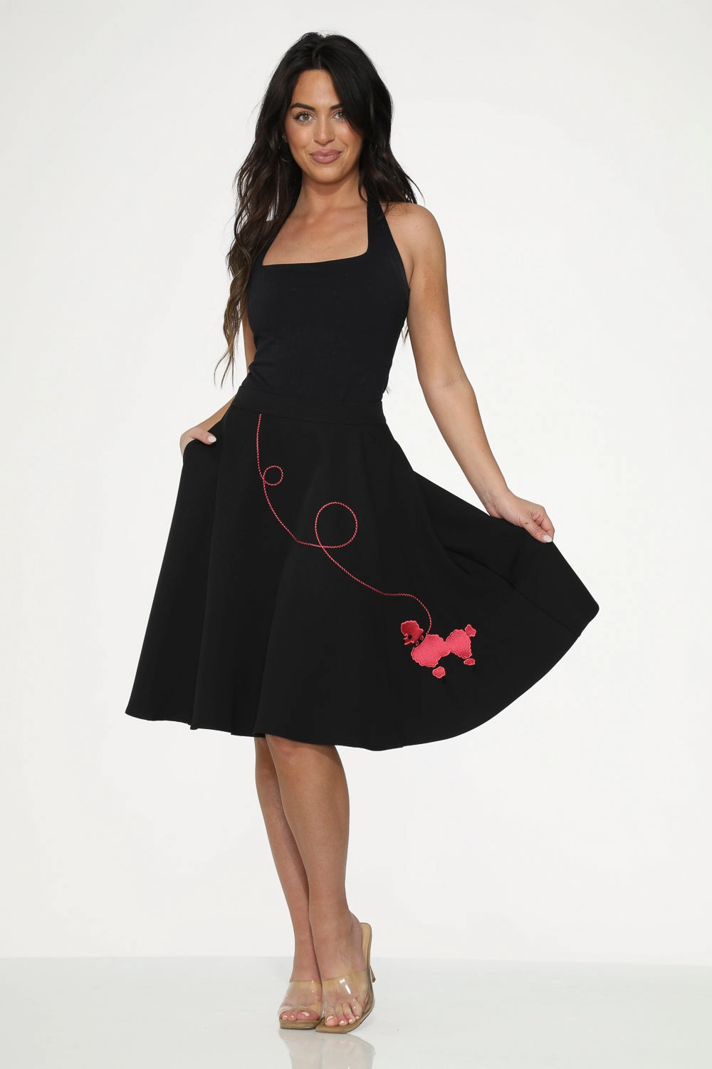 Black Hot Pink Embroidered Poodle Swing Skirt