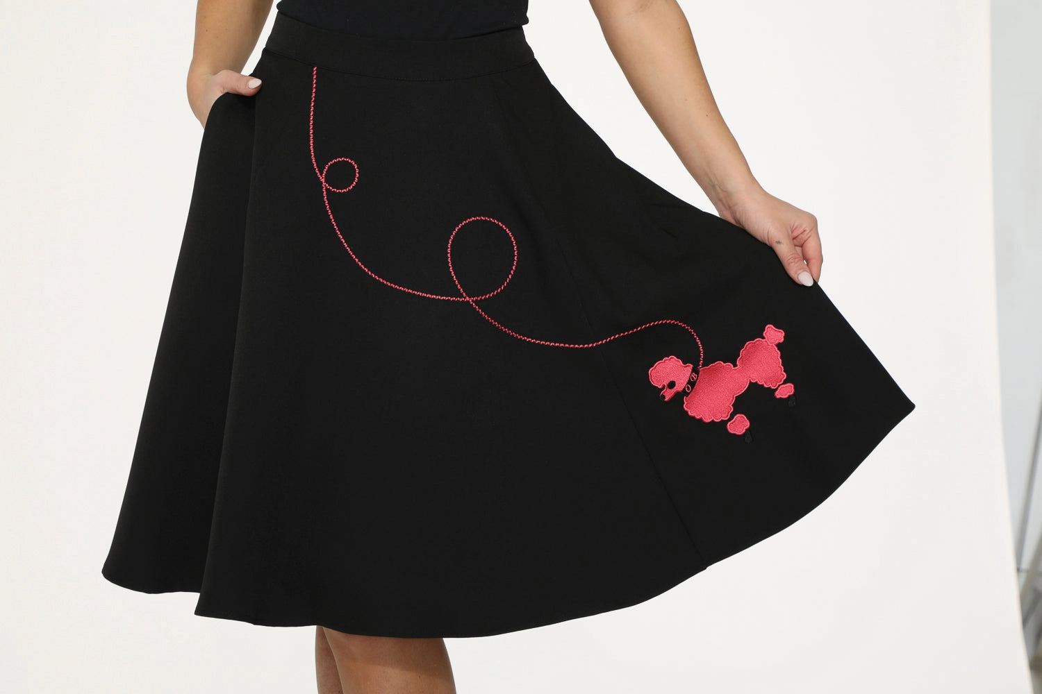 Black Hot Pink Embroidered Poodle Swing Skirt
