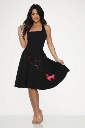 Black Hot Pink Embroidered Poodle Swing Skirt