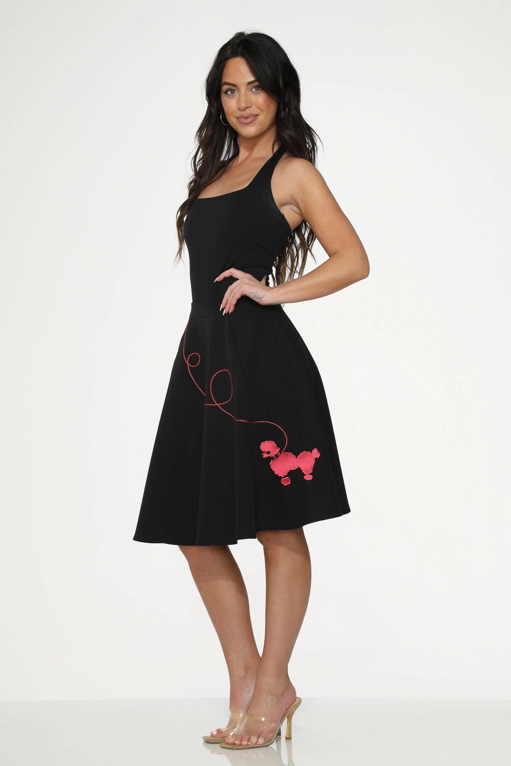 Black Hot Pink Embroidered Poodle Swing Skirt