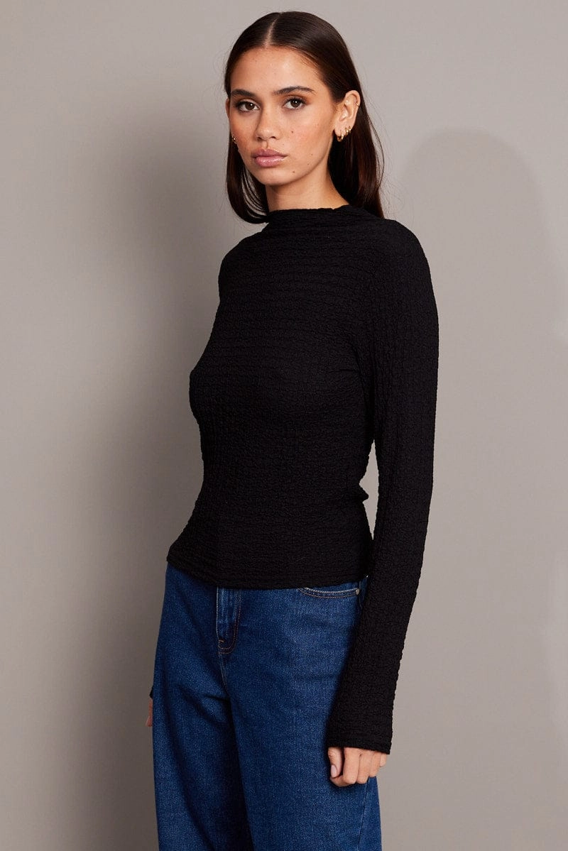 Black Textured Top Long Sleeve High Neck