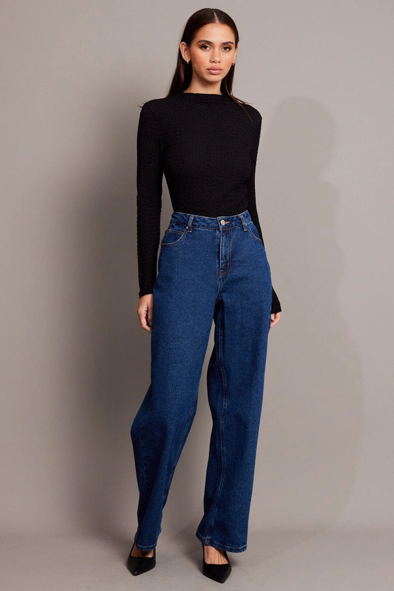 Black Textured Top Long Sleeve High Neck