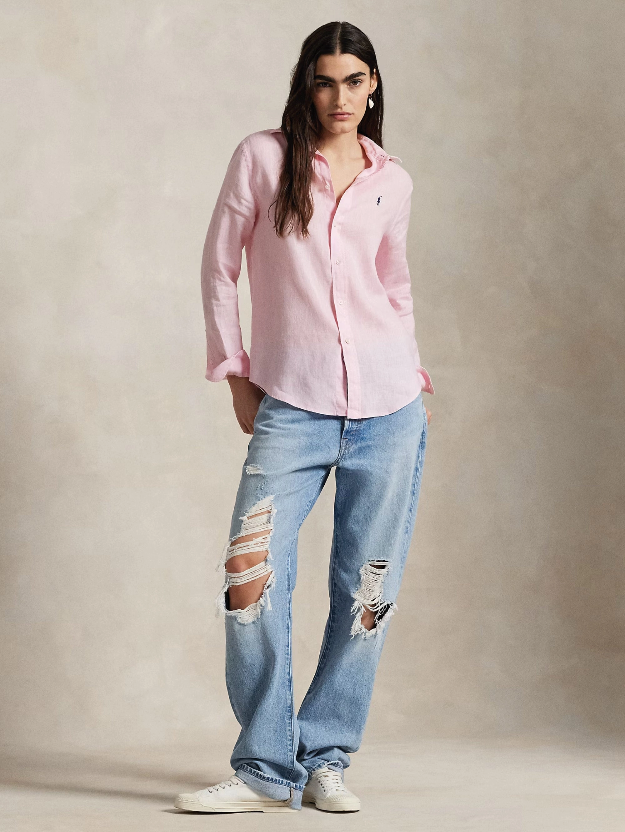 Camicia Classic Fit in Lino Rosa