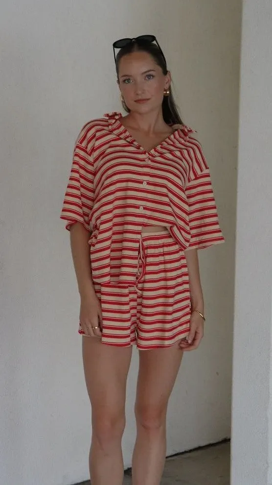 Farida Button Up Shirt and Shorts Set - Beige / Red