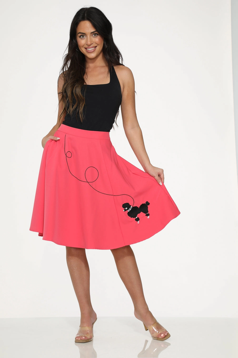 Hot Pink Black Embroidered Poodle Swing Skirt