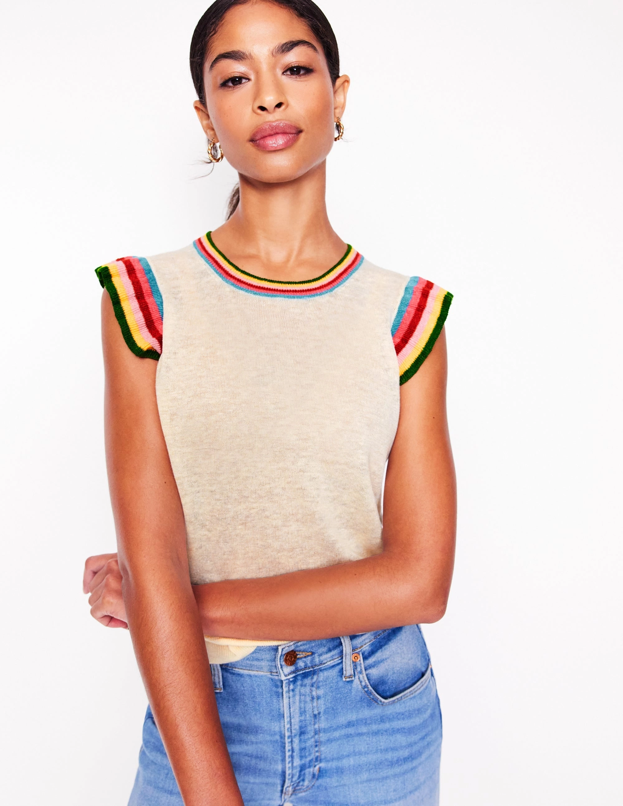 Josie Frilled Linen Tank-Warm Ivory, Multi Stripe