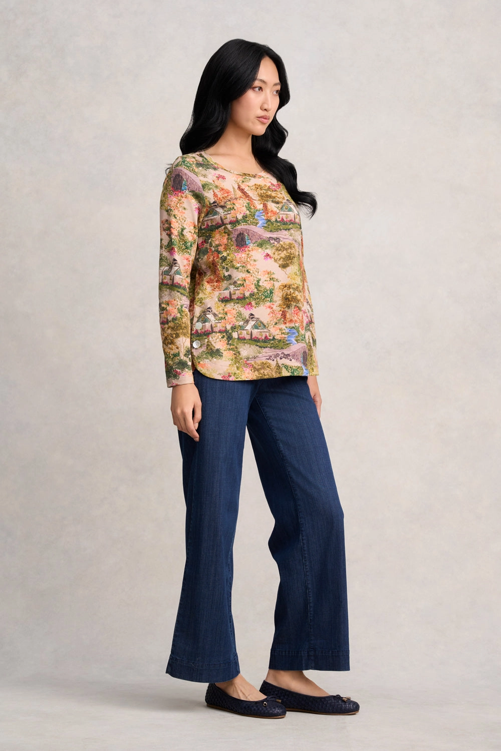 Long Sleeve Organic Cotton T-Shirt - Autumn Cottage Print