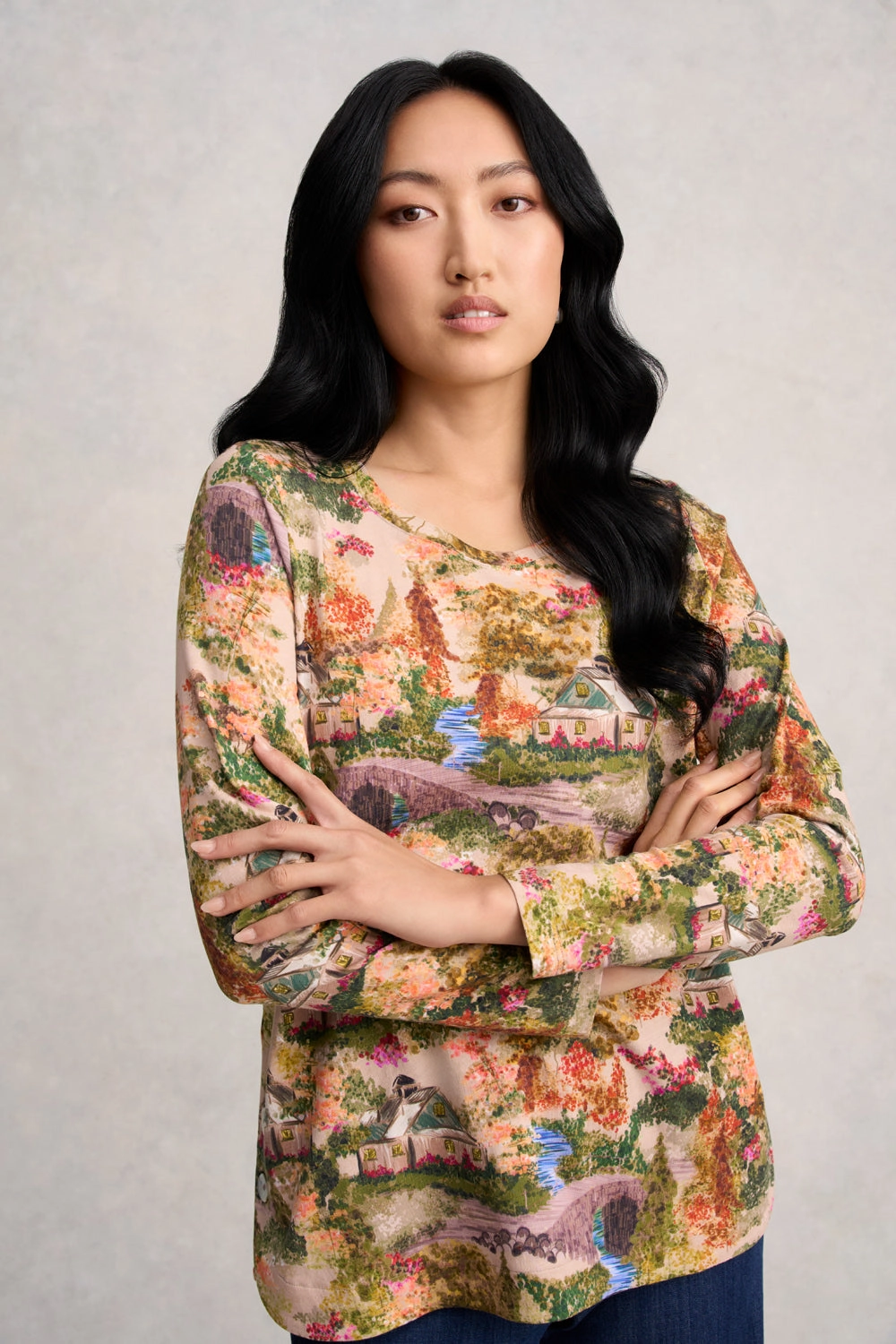 Long Sleeve Organic Cotton T-Shirt - Autumn Cottage Print