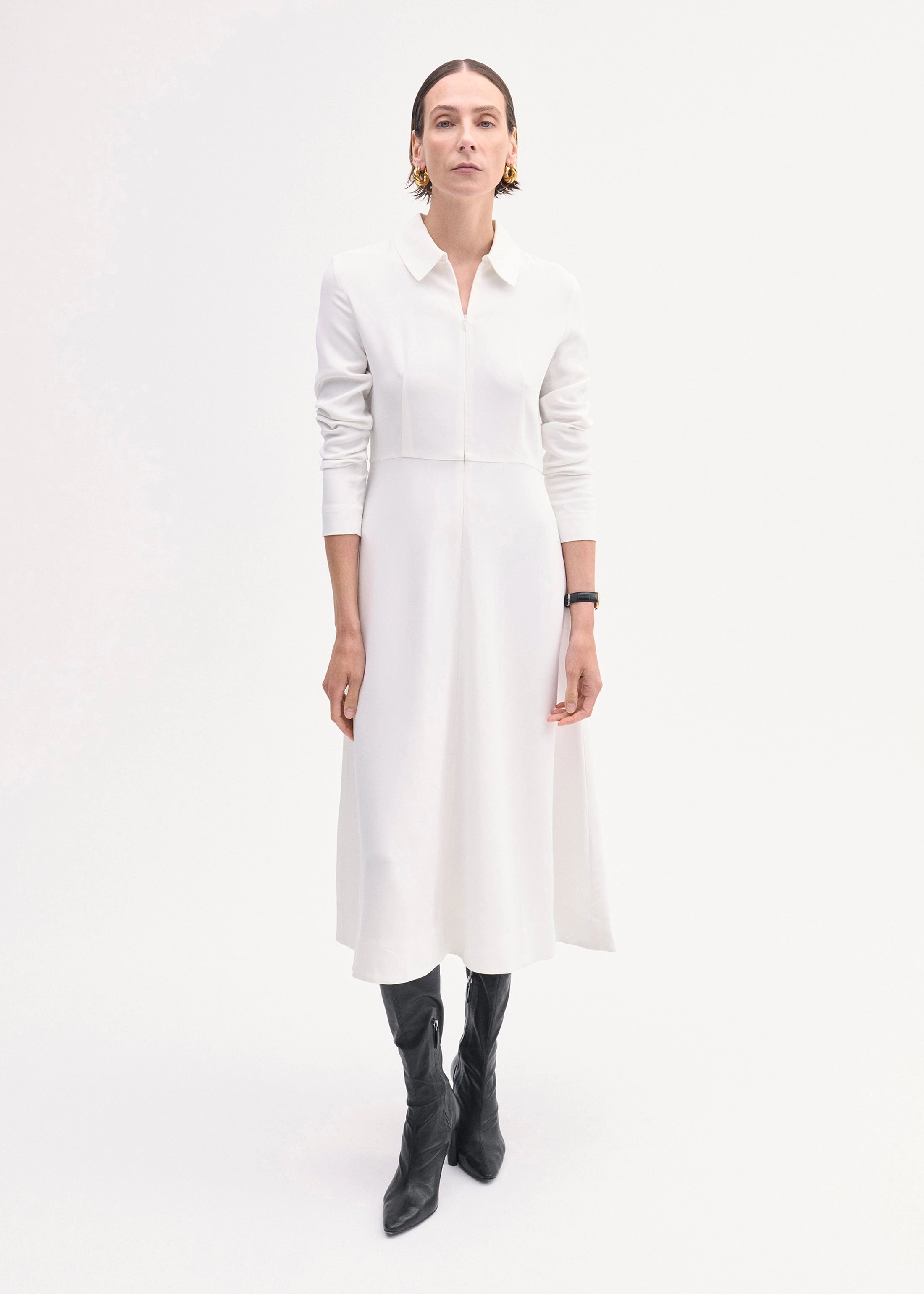 Long Sleeve Shirt Dress  in Crepe - Ivory