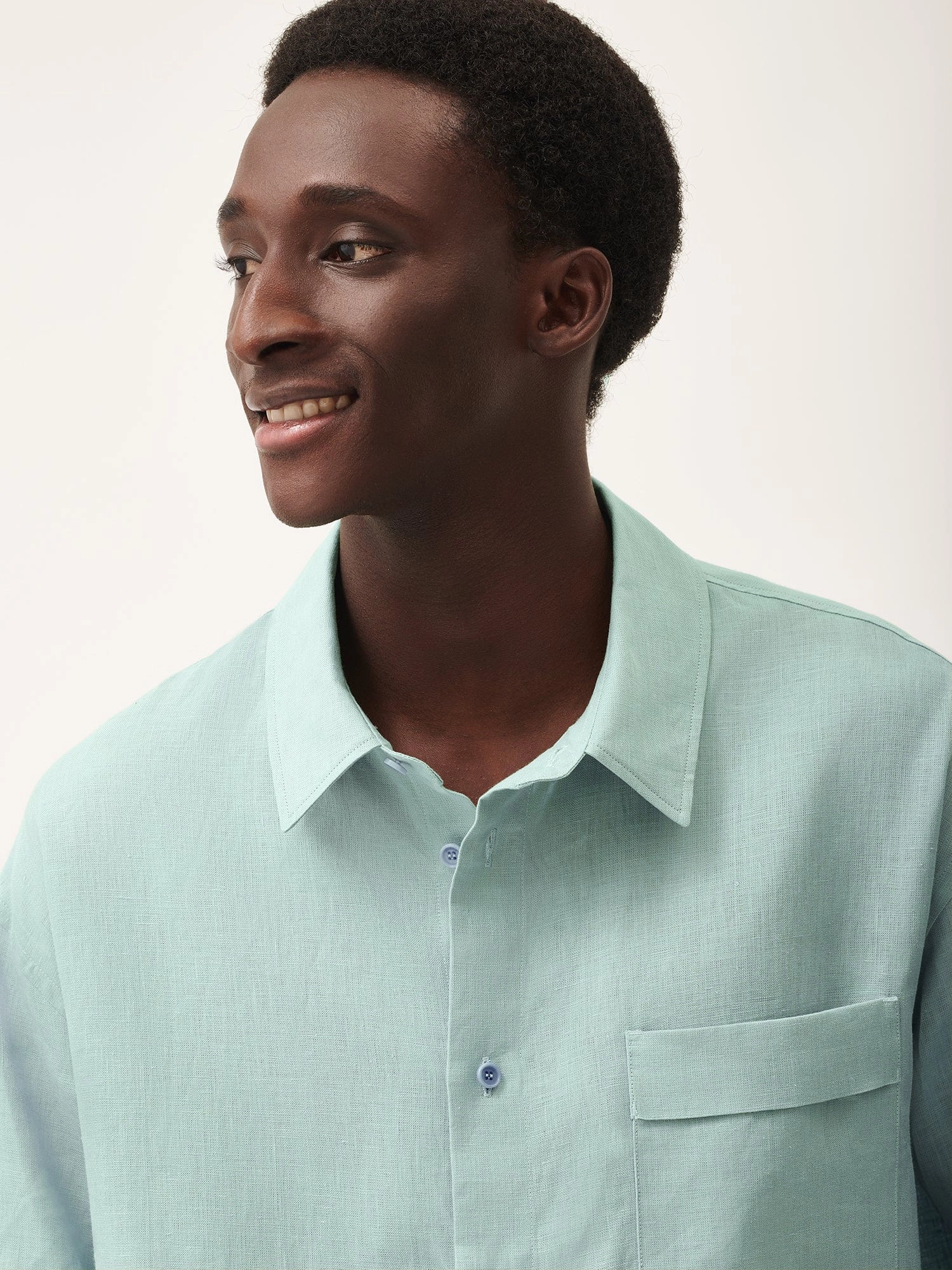 Mens DNA Aloe Linen Collared Long Sleeve Shirt—eucalyptus blue