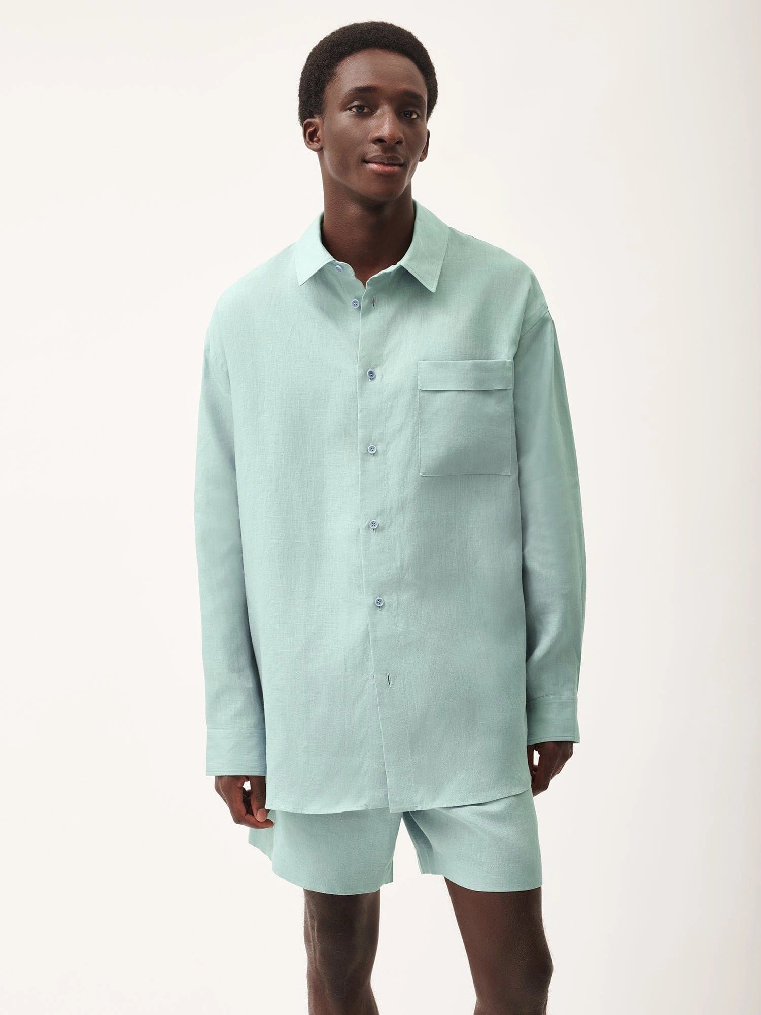 Mens DNA Aloe Linen Collared Long Sleeve Shirt—eucalyptus blue