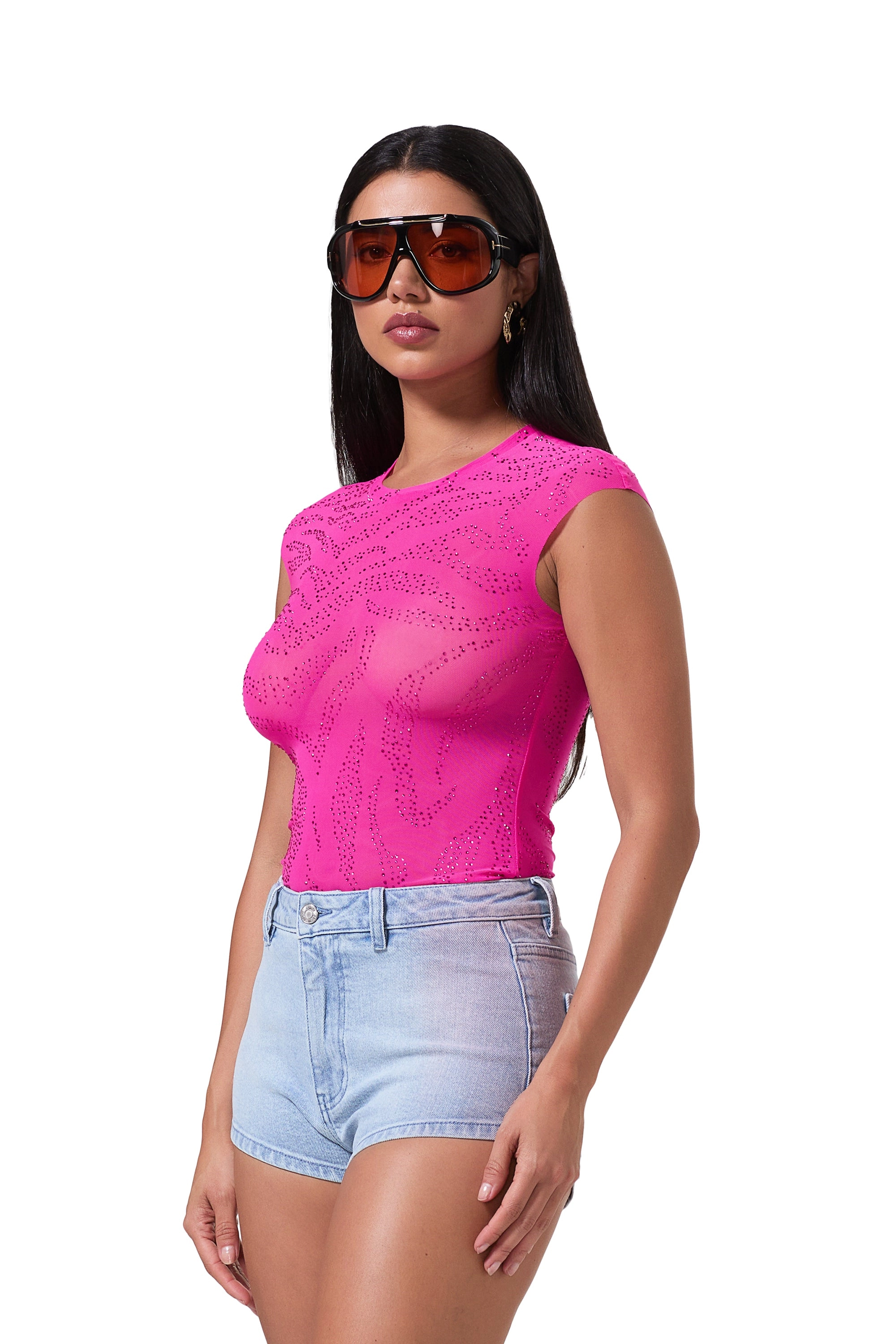 Nina Zebra Rhinestone Top - Glow Pink