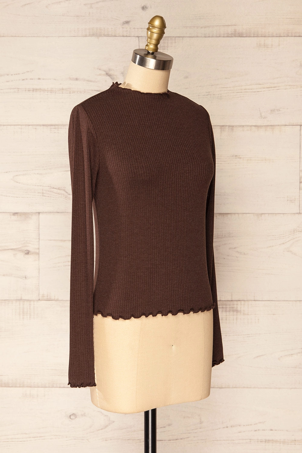 Palencia Brown | Ribbed Long Sleeve Top w/ Frills