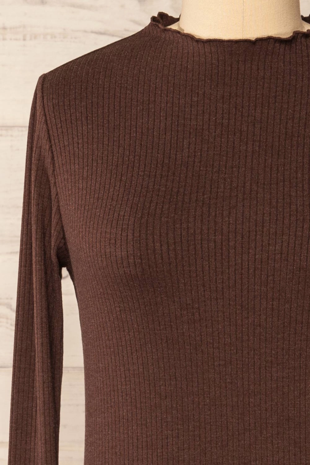 Palencia Brown | Ribbed Long Sleeve Top w/ Frills