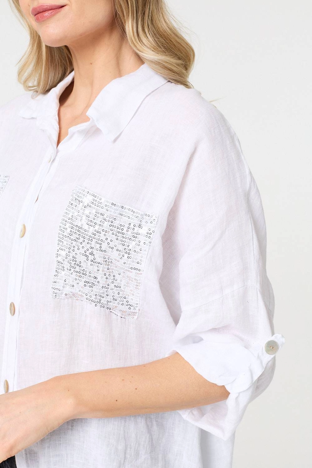 Sequin Detail 3/4 Turn-Up Sleeve Shirt