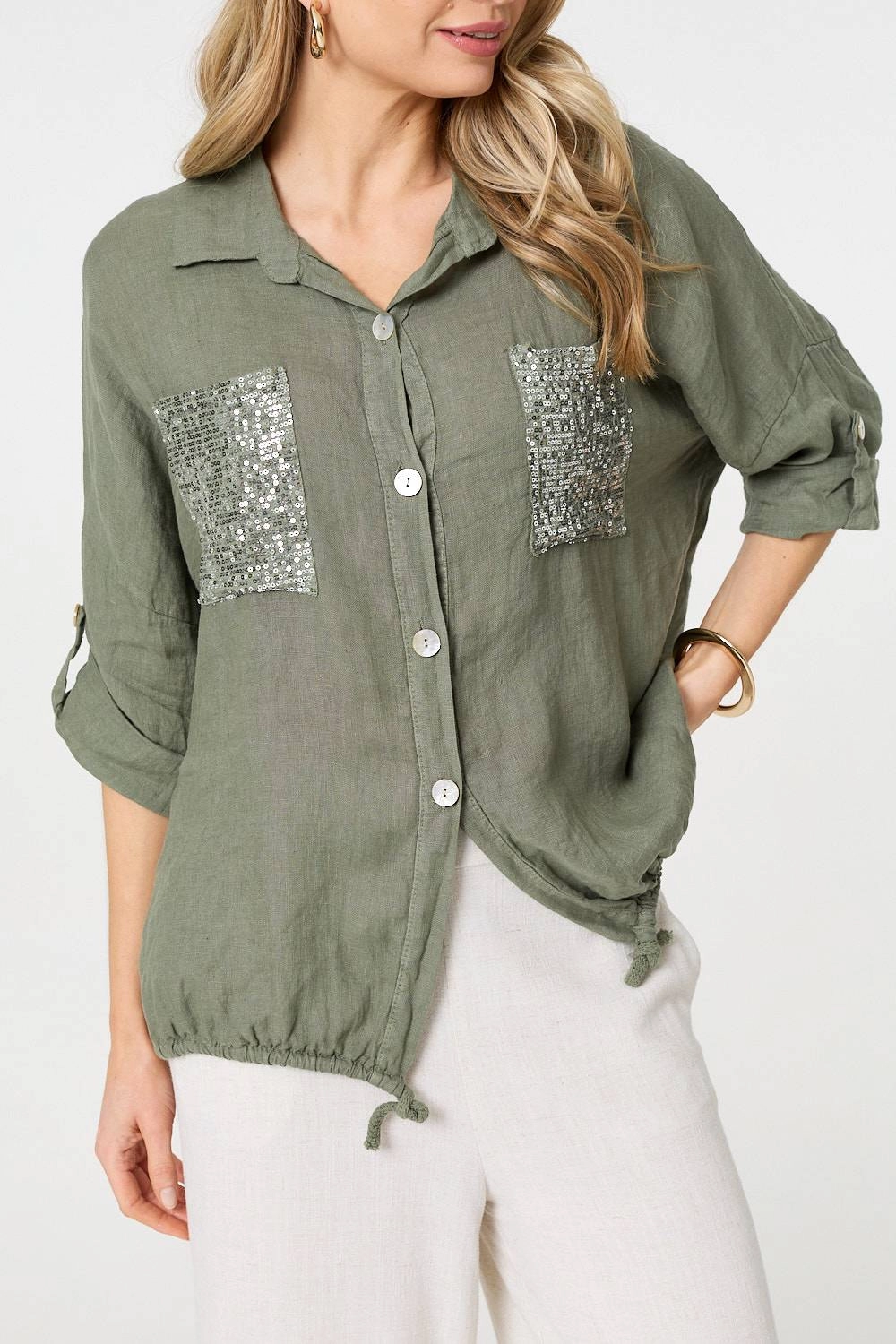 Sequin Detail 3/4 Turn-Up Sleeve Shirt