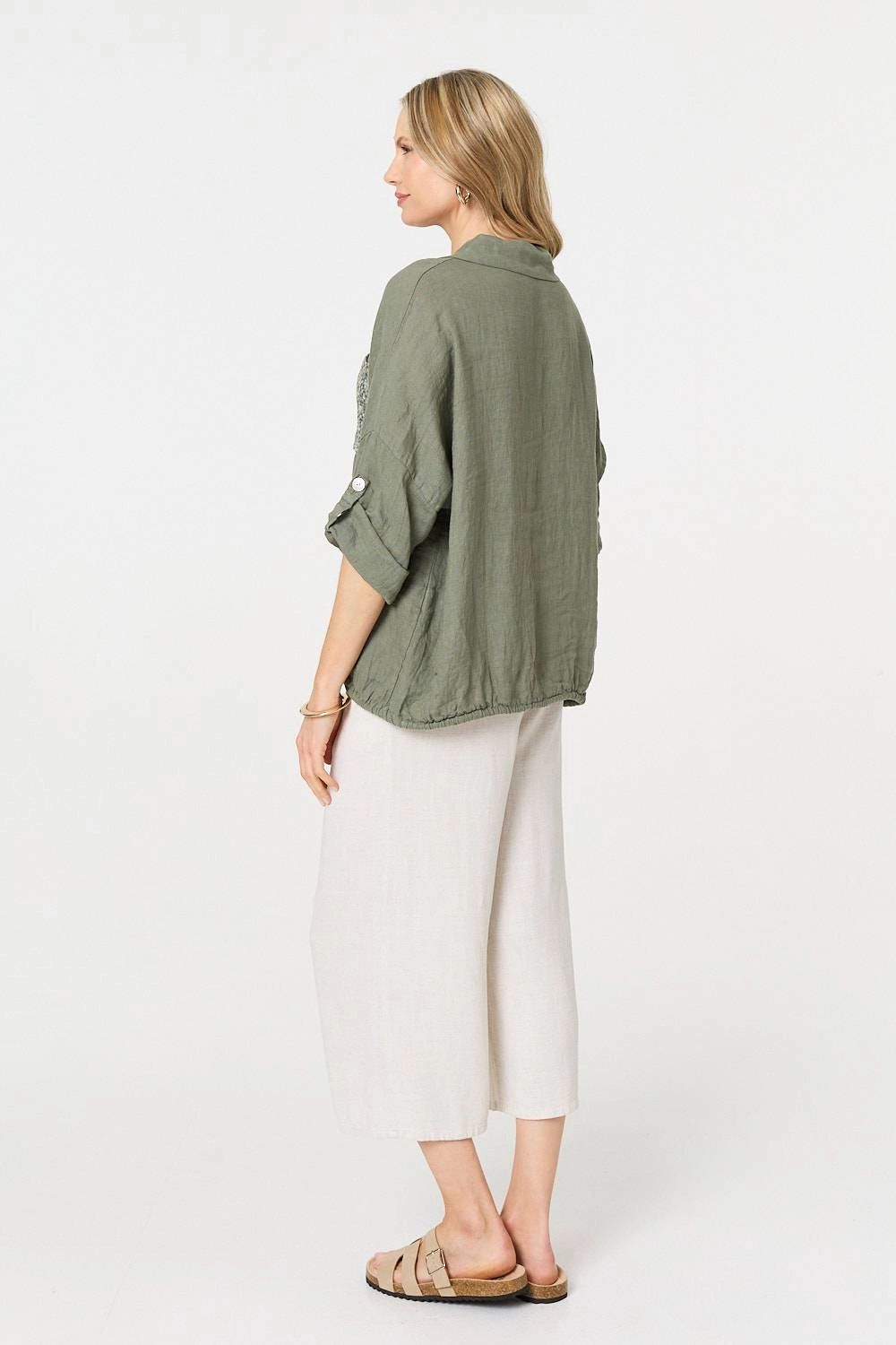 Sequin Detail 3/4 Turn-Up Sleeve Shirt