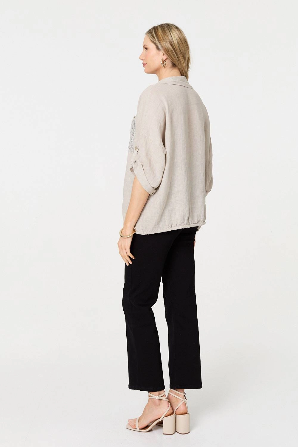 Sequin Detail 3/4 Turn-Up Sleeve Shirt