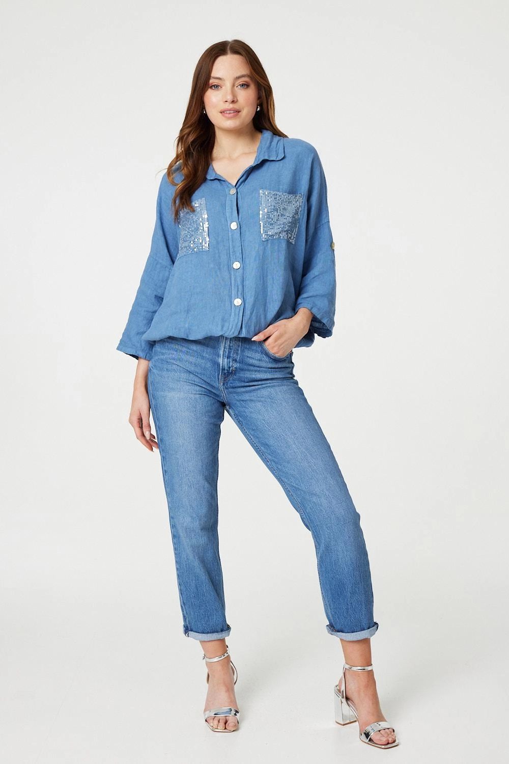 Sequin Detail 3/4 Turn-Up Sleeve Shirt