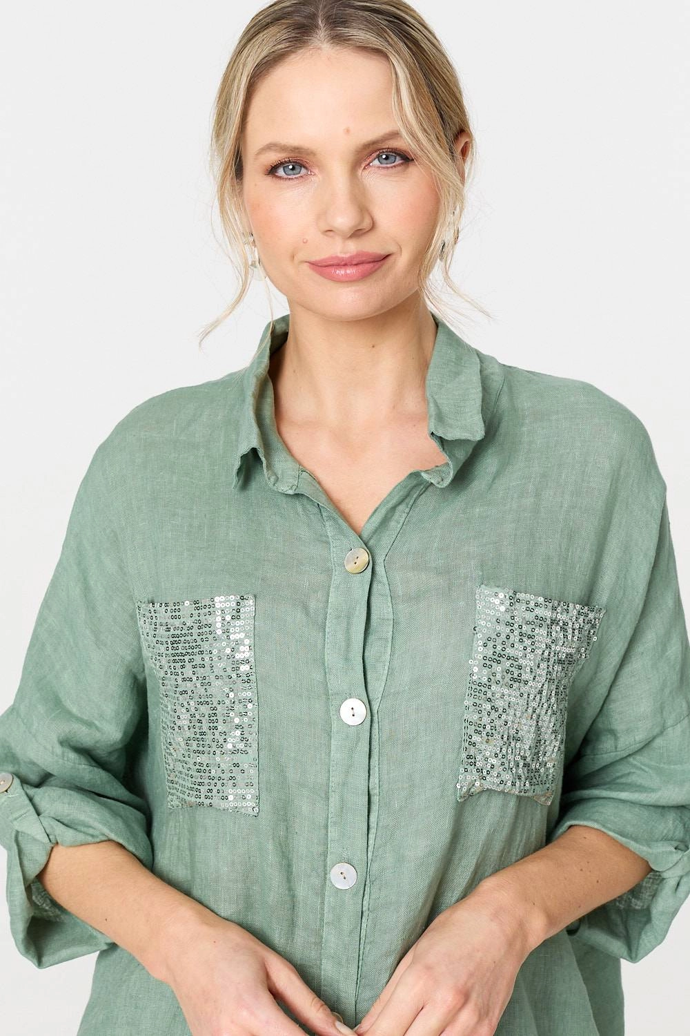 Sequin Detail 3/4 Turn-Up Sleeve Shirt