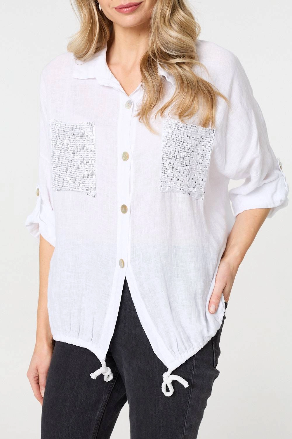 Sequin Detail 3/4 Turn-Up Sleeve Shirt