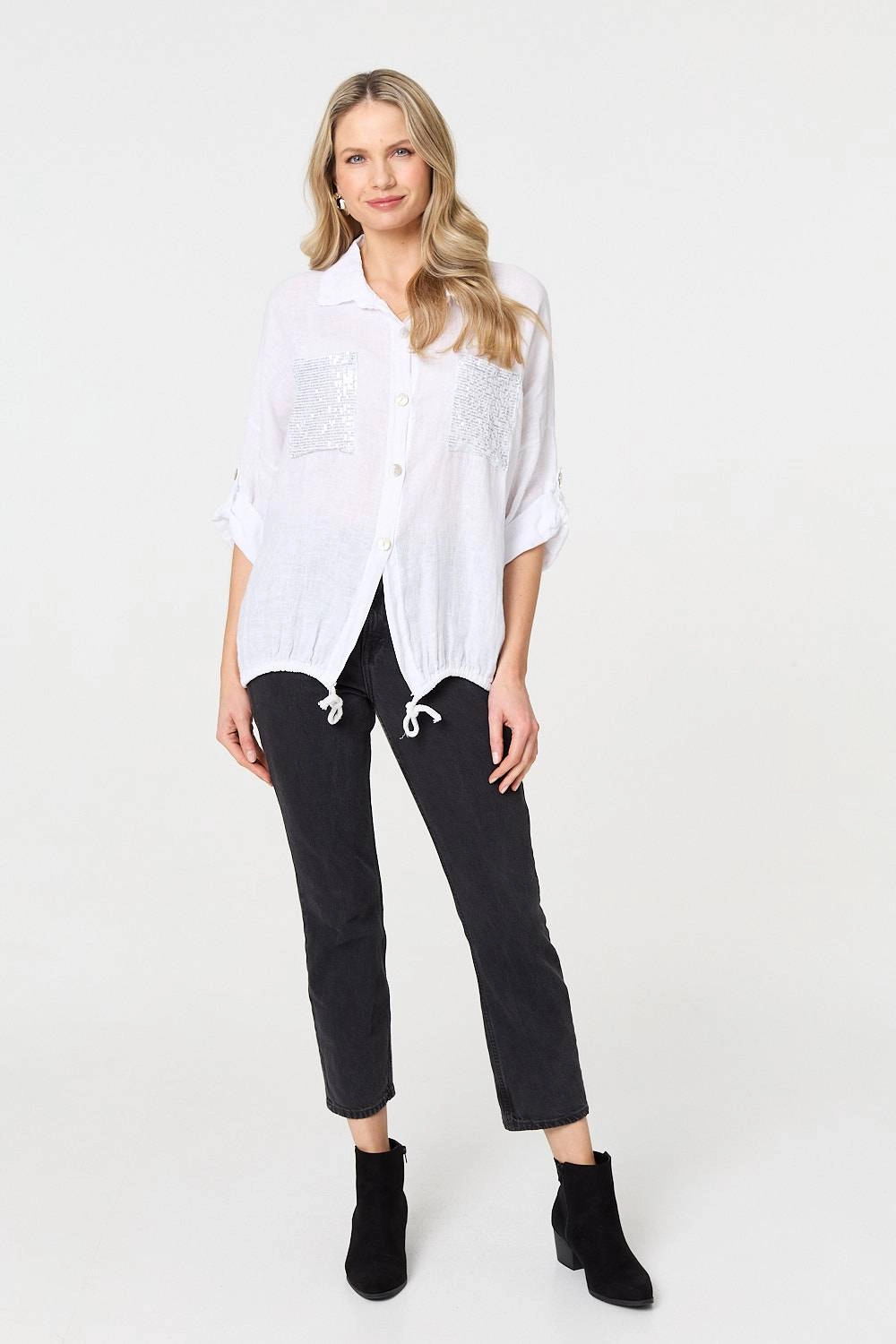 Sequin Detail 3/4 Turn-Up Sleeve Shirt