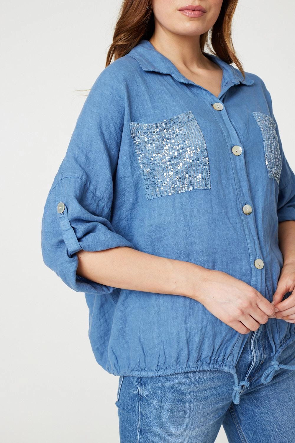 Sequin Detail 3/4 Turn-Up Sleeve Shirt