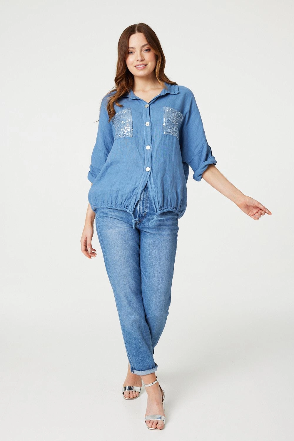 Sequin Detail 3/4 Turn-Up Sleeve Shirt
