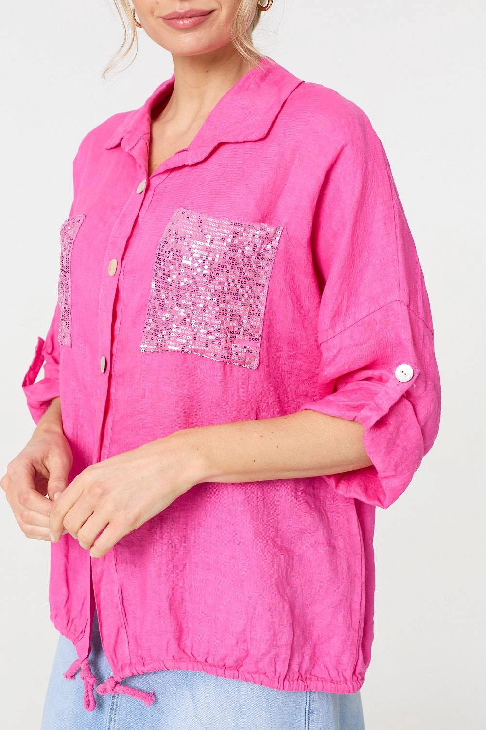 Sequin Detail 3/4 Turn-Up Sleeve Shirt