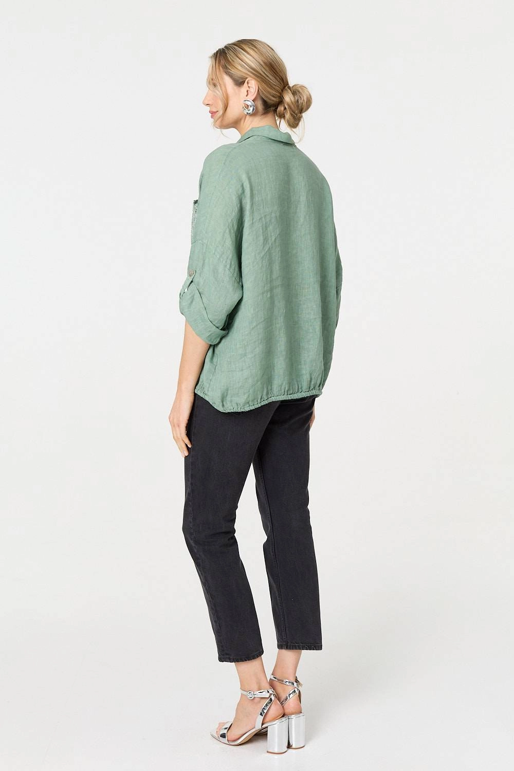 Sequin Detail 3/4 Turn-Up Sleeve Shirt
