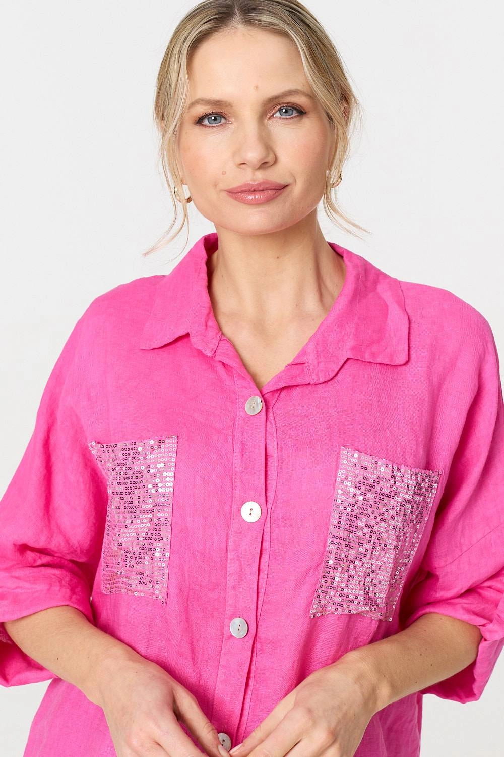 Sequin Detail 3/4 Turn-Up Sleeve Shirt