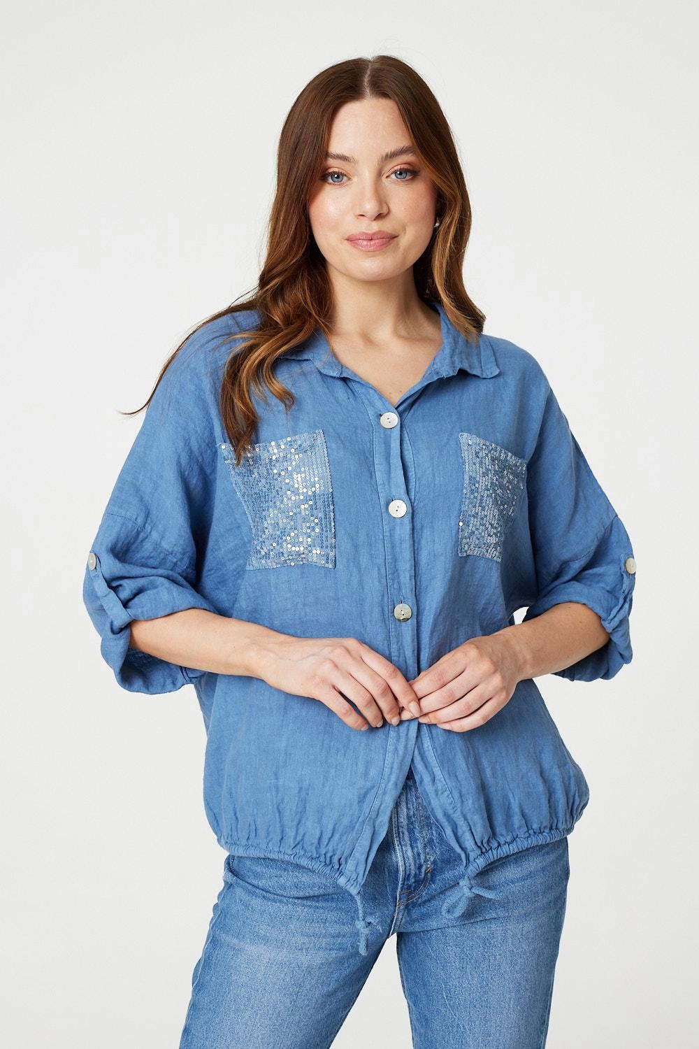Sequin Detail 3/4 Turn-Up Sleeve Shirt