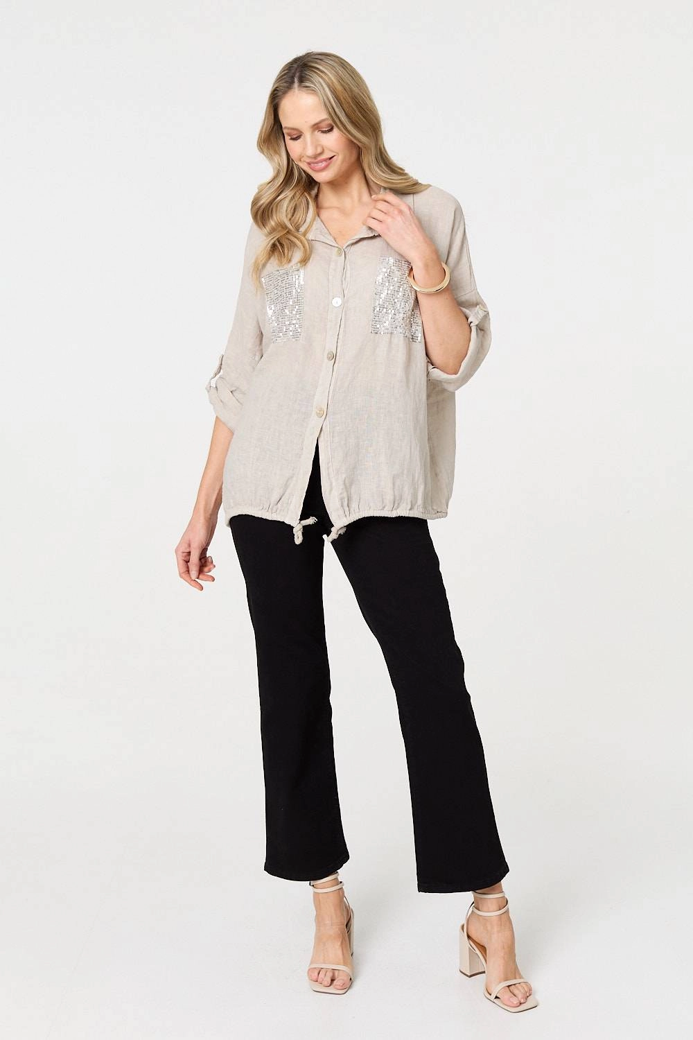 Sequin Detail 3/4 Turn-Up Sleeve Shirt