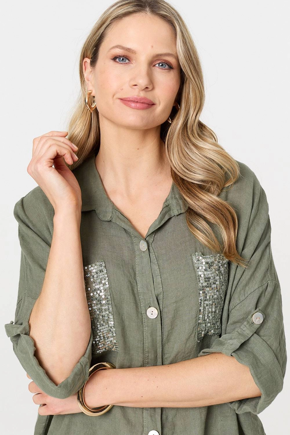 Sequin Detail 3/4 Turn-Up Sleeve Shirt
