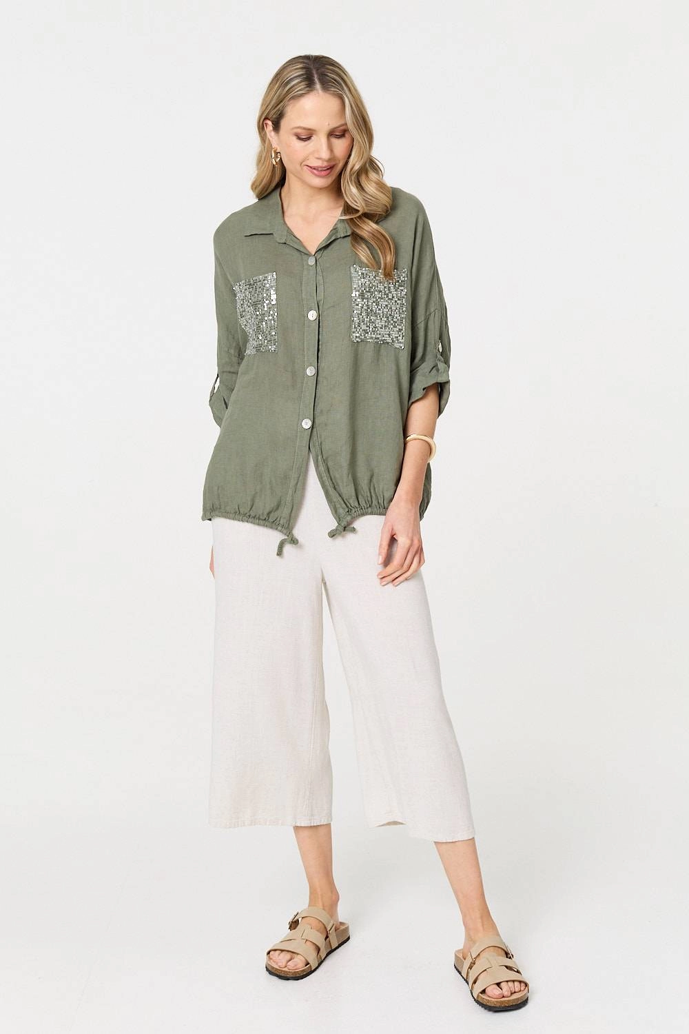 Sequin Detail 3/4 Turn-Up Sleeve Shirt