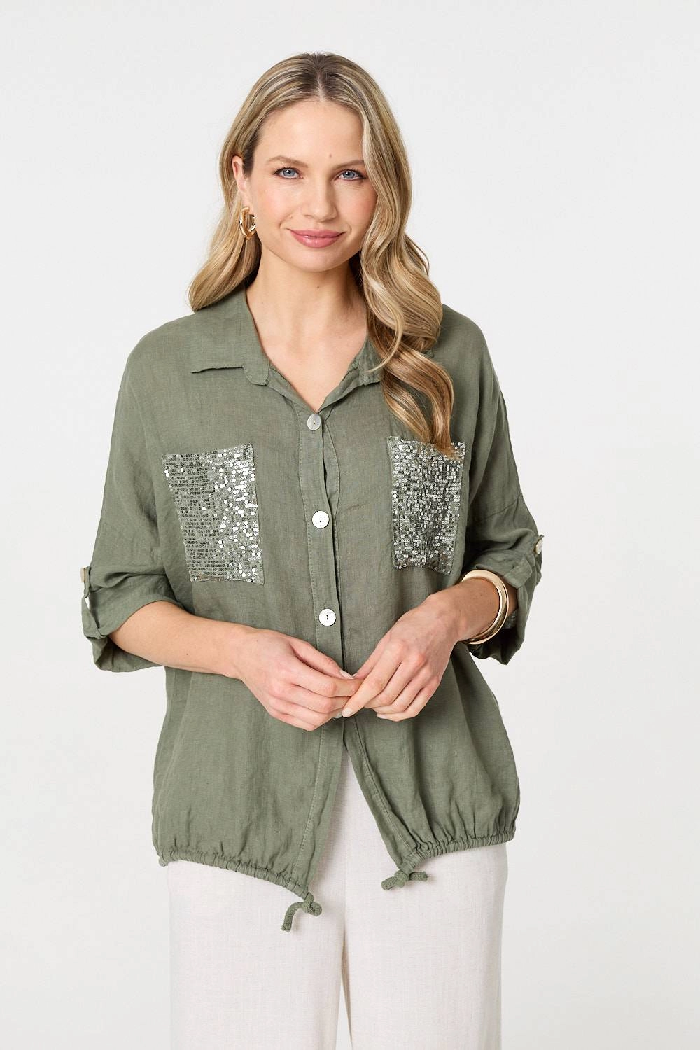 Sequin Detail 3/4 Turn-Up Sleeve Shirt