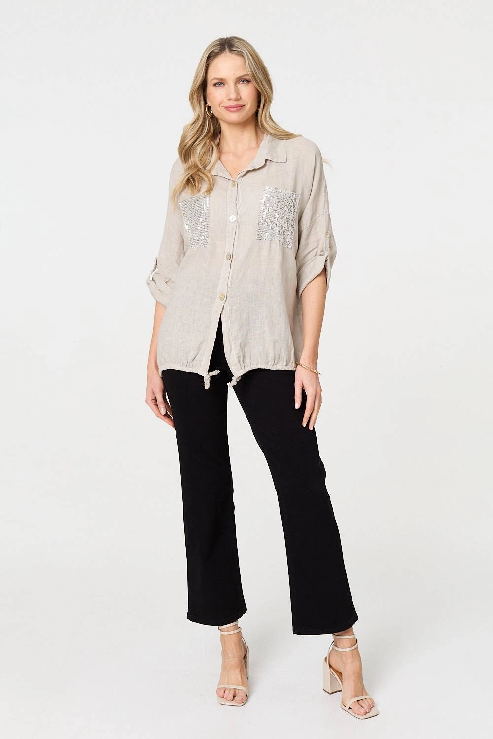Sequin Detail 3/4 Turn-Up Sleeve Shirt