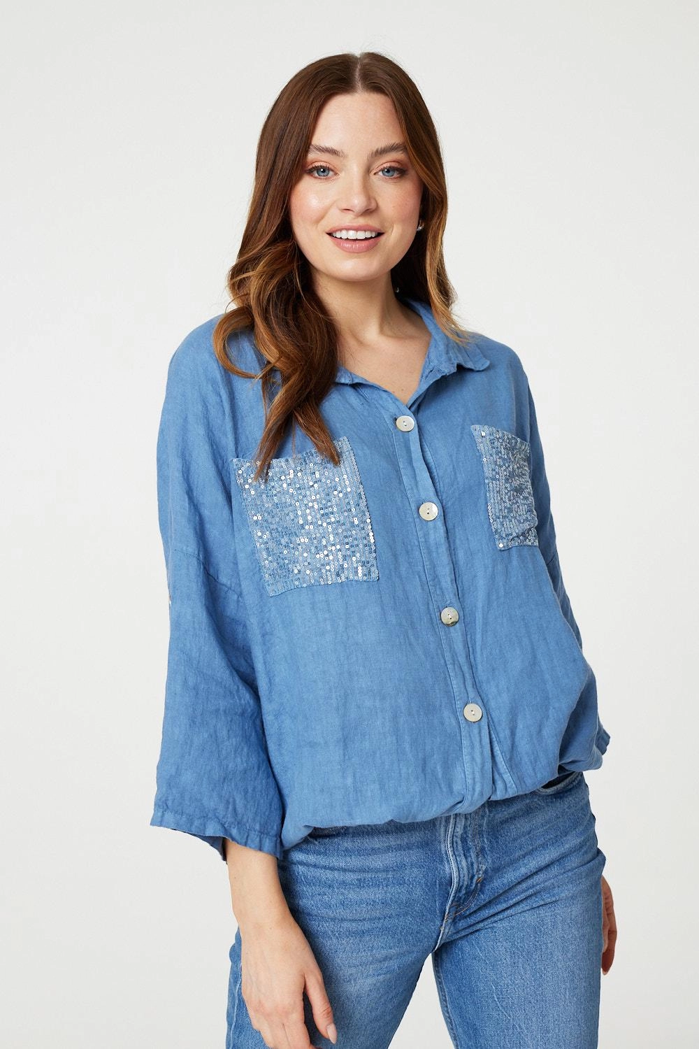 Sequin Detail 3/4 Turn-Up Sleeve Shirt