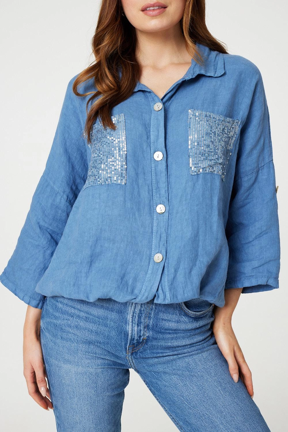 Sequin Detail 3/4 Turn-Up Sleeve Shirt