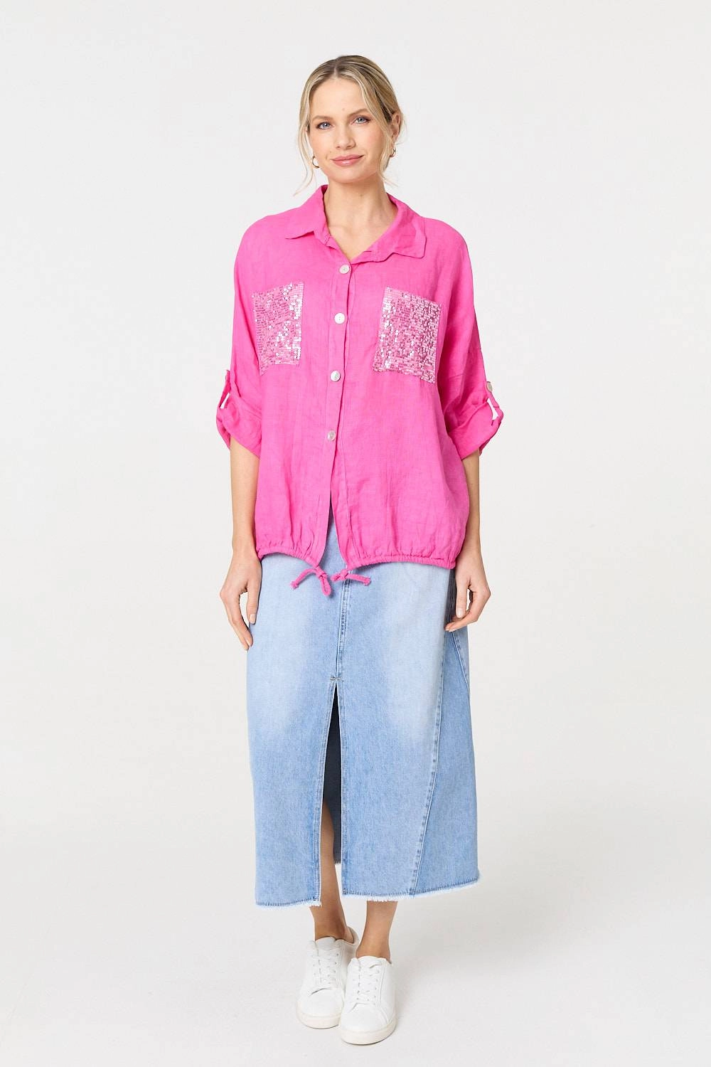 Sequin Detail 3/4 Turn-Up Sleeve Shirt