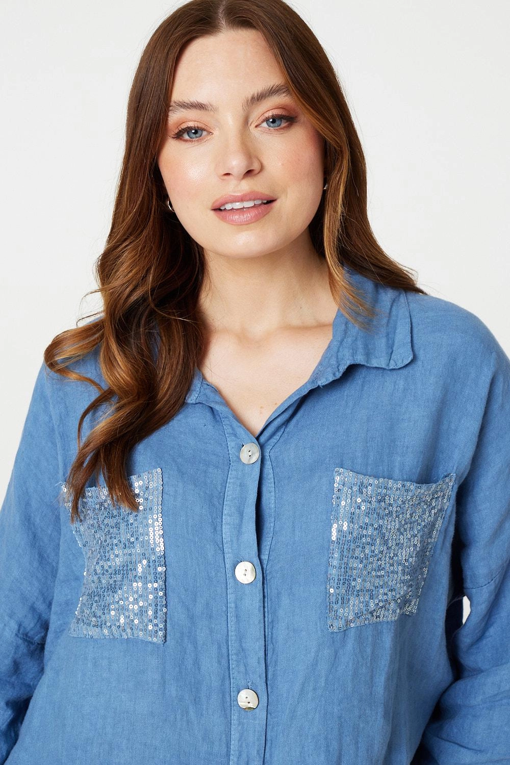 Sequin Detail 3/4 Turn-Up Sleeve Shirt