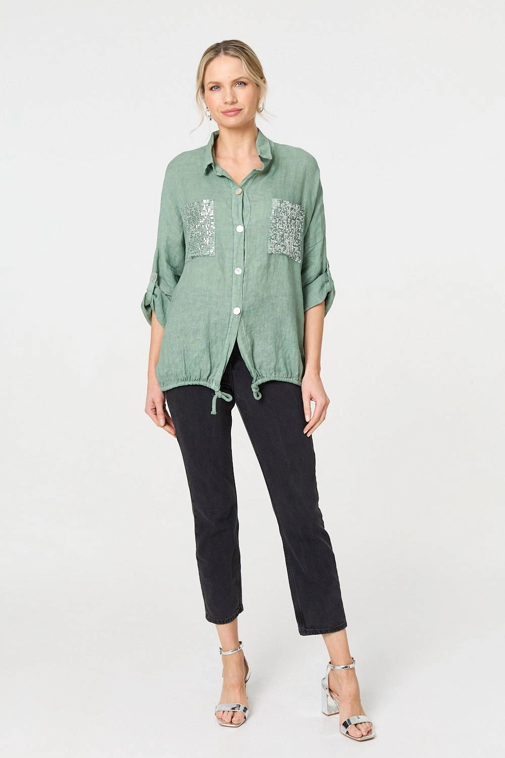 Sequin Detail 3/4 Turn-Up Sleeve Shirt