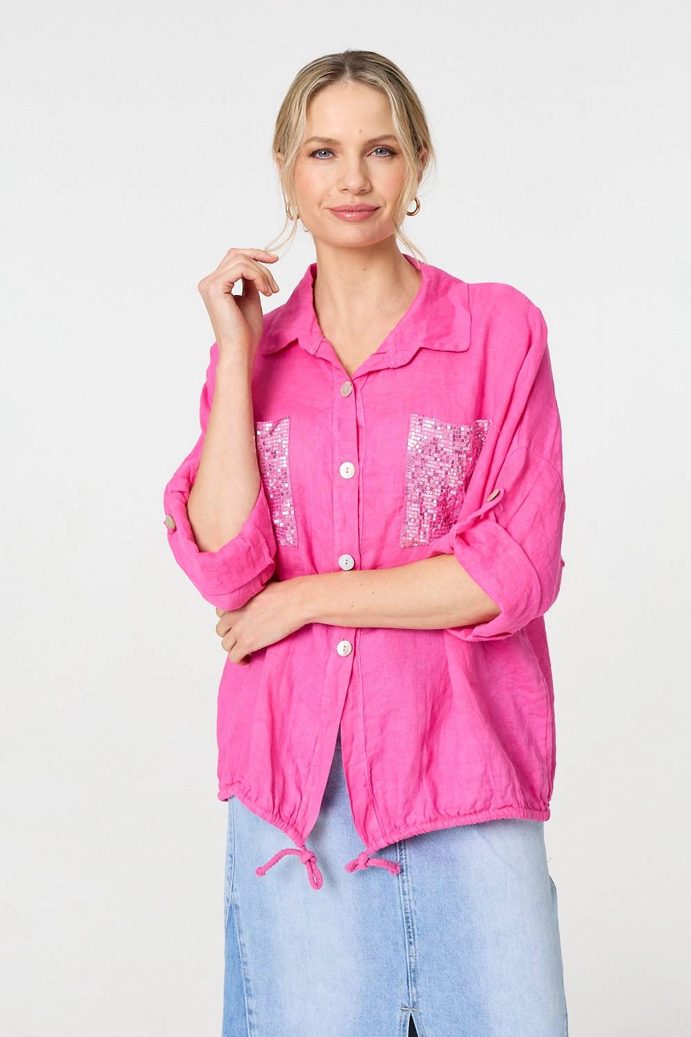 Sequin Detail 3/4 Turn-Up Sleeve Shirt