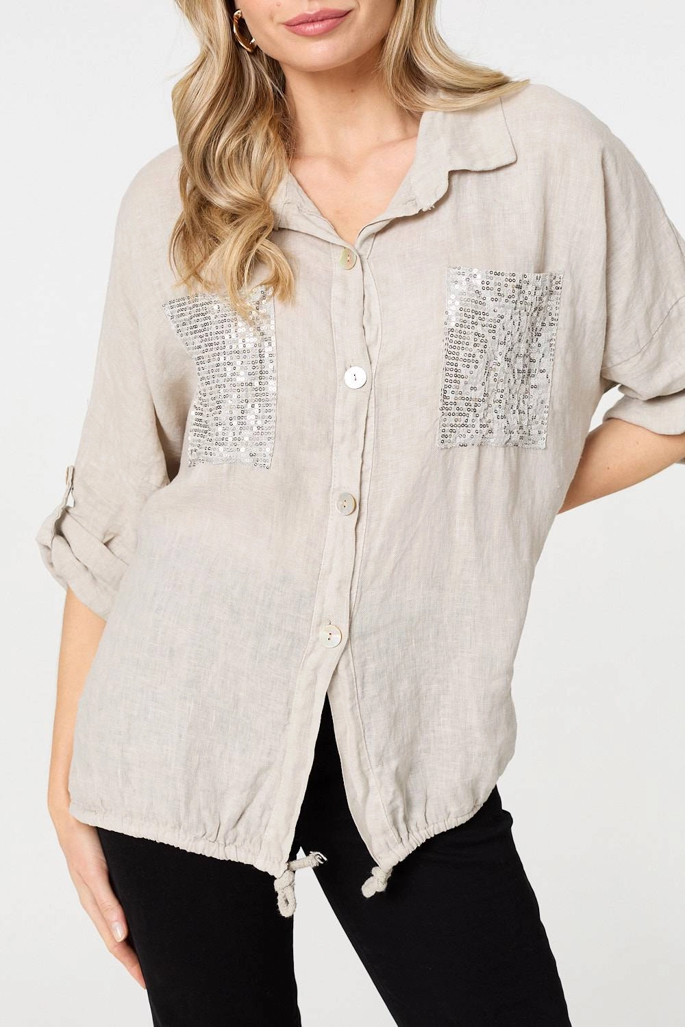 Sequin Detail 3/4 Turn-Up Sleeve Shirt