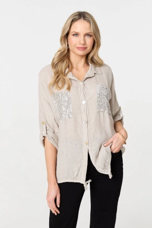 Sequin Detail 3/4 Turn-Up Sleeve Shirt