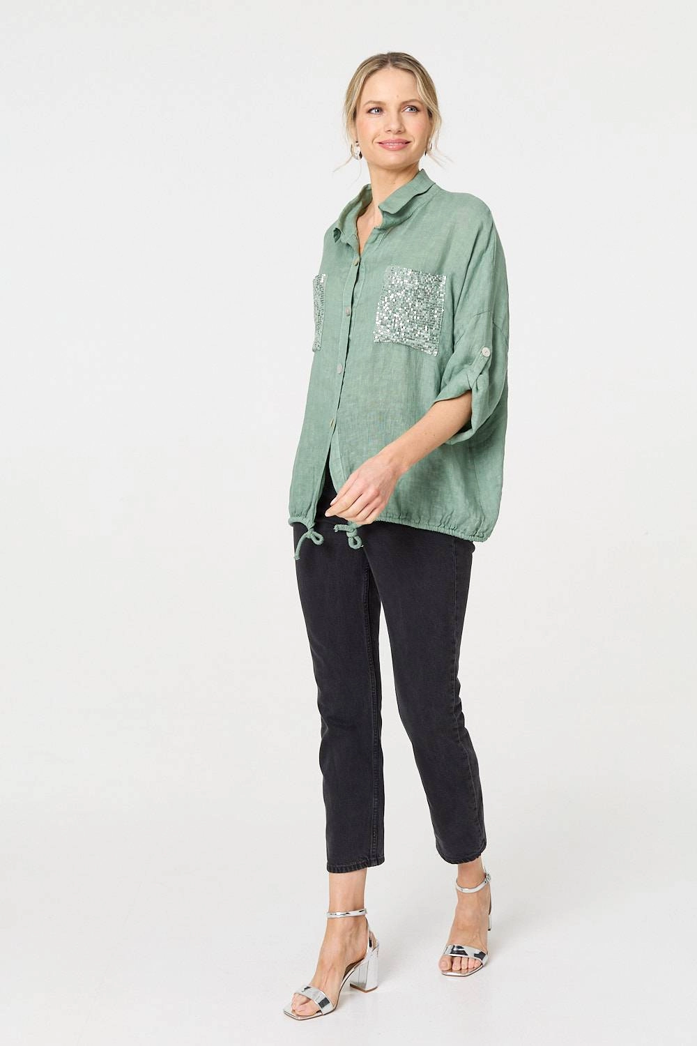 Sequin Detail 3/4 Turn-Up Sleeve Shirt