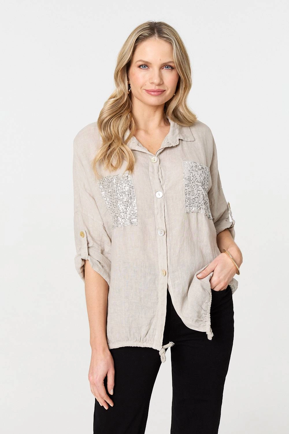 Sequin Detail 3/4 Turn-Up Sleeve Shirt