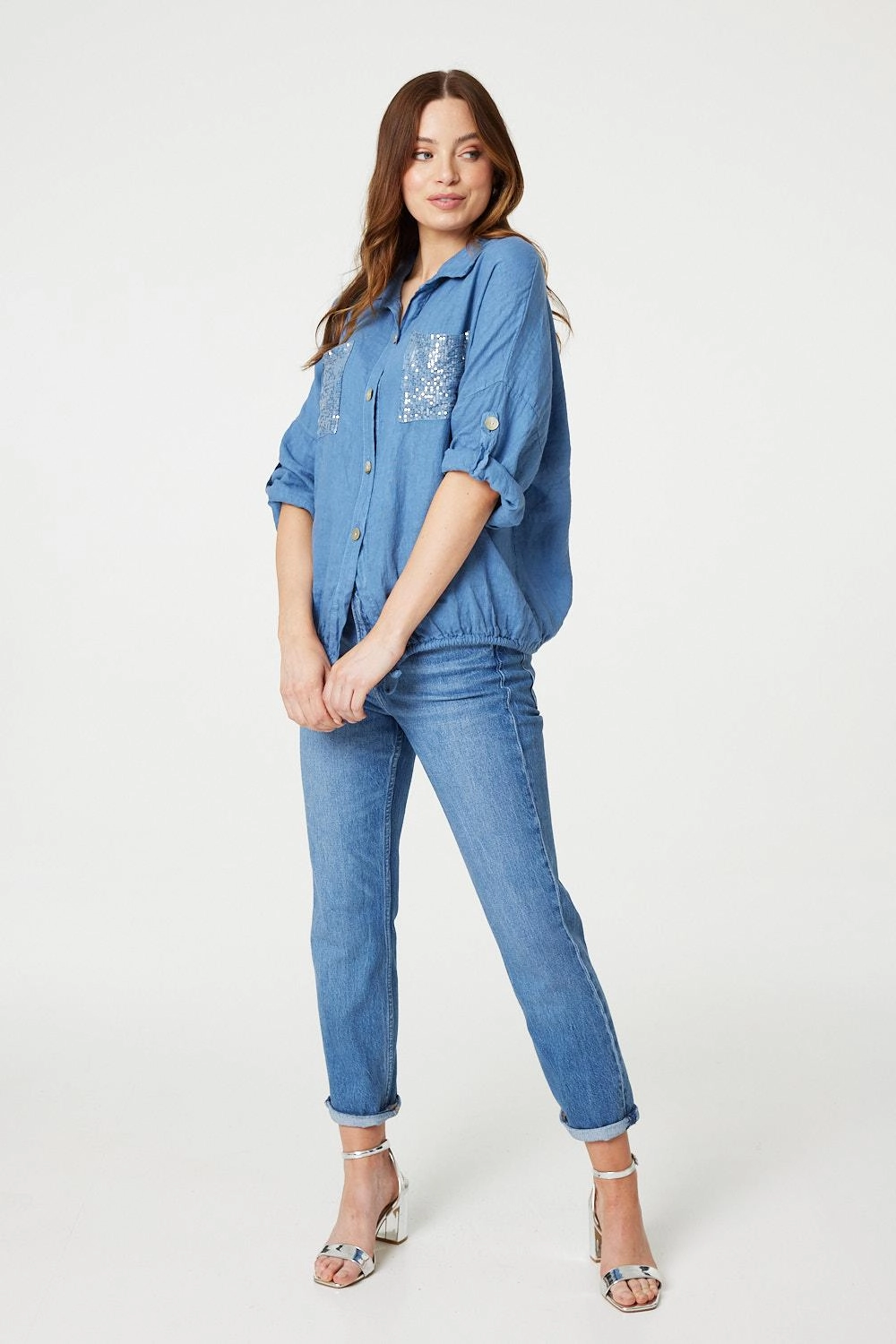 Sequin Detail 3/4 Turn-Up Sleeve Shirt