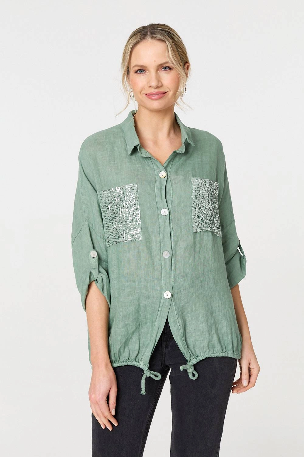 Sequin Detail 3/4 Turn-Up Sleeve Shirt